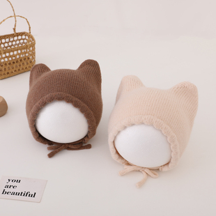 纯色初秋双角婴儿帽子秋冬款护耳针织帽女宝宝儿童毛线帽秋季冬天