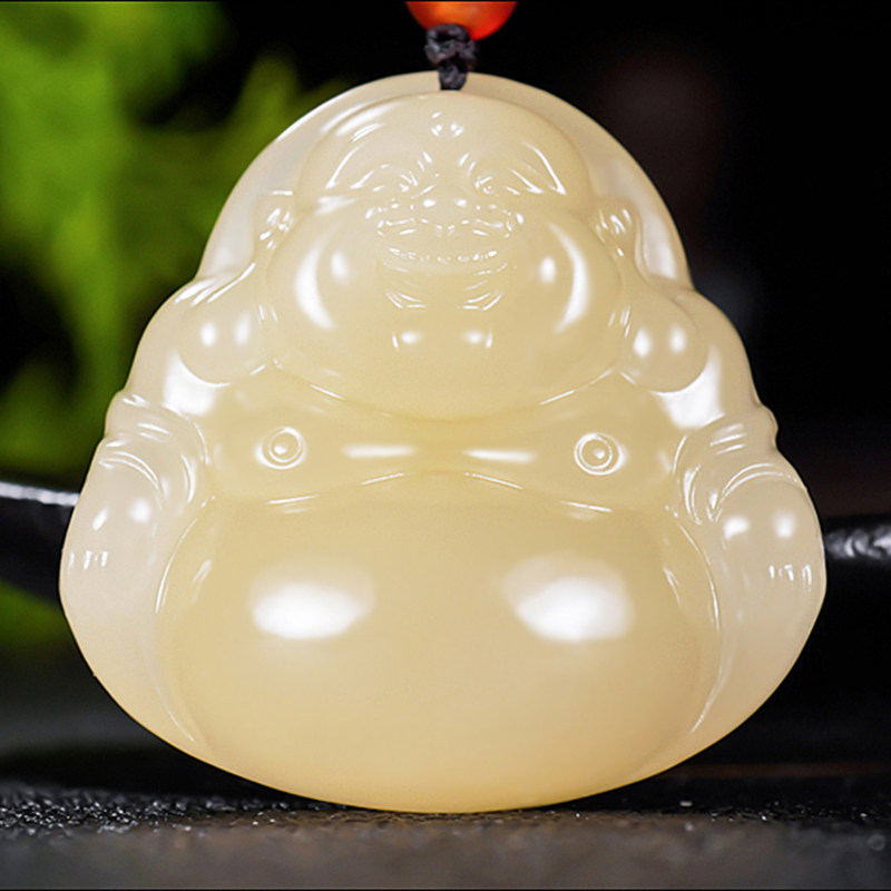 新疆大师郭磊作品和田玉蜂蜜水浅糖玉笑佛挂件27.16克