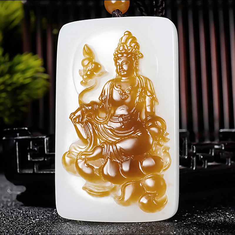 新疆大师冯立辉作品和田玉且末金山料糖羊脂白玉观音挂件81.85克