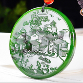 新疆大师冯立辉作品和田玉俄料阳绿7号矿红皮碧玉山水牌67.23克