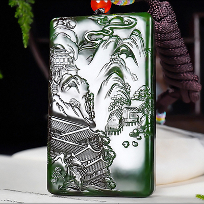 新疆大师冯立辉作品和田玉俄料阳绿7号矿红皮碧玉山水牌89.46克