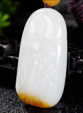 新疆冯立辉作品和田玉且末料糖羊脂白玉大势至菩萨挂件35.58克