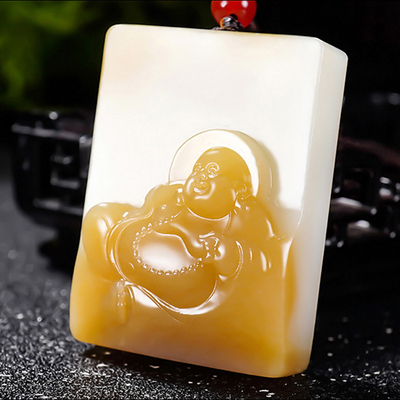 新疆大师冯立辉作品和田玉且末金山料糖羊脂白玉笑佛挂件49.14克