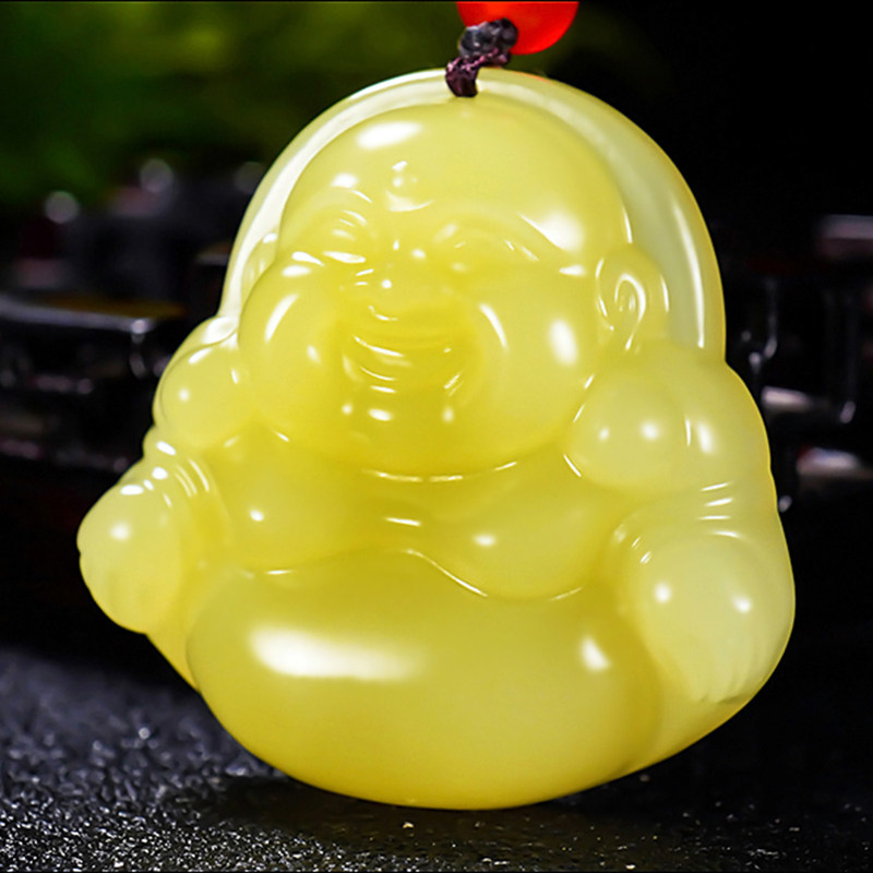 新疆和田玉若羌黄玉笑佛挂件23.22克 大师郭磊作品A