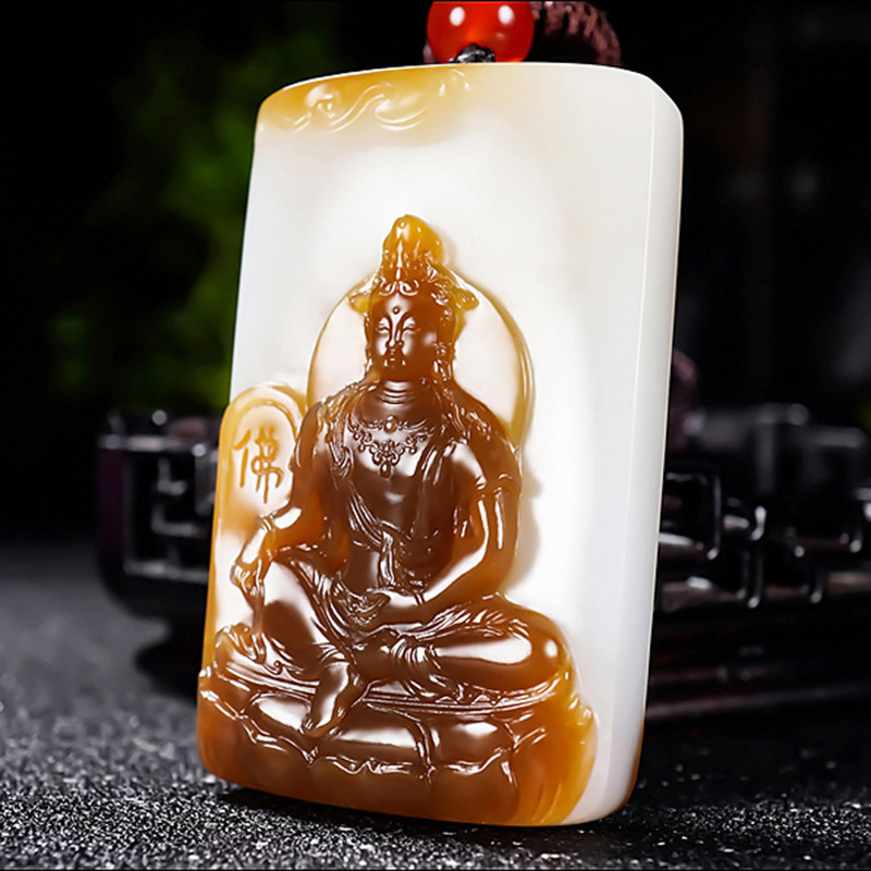 新疆冯立辉作品和田玉糖羊脂白玉且末金山料观音挂件51.81克