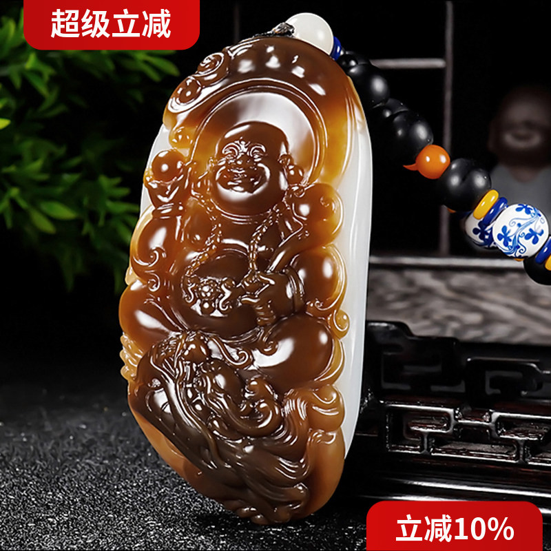新疆大师冯立辉作品和田玉且末料金山糖羊脂白玉笑佛把件166.95克