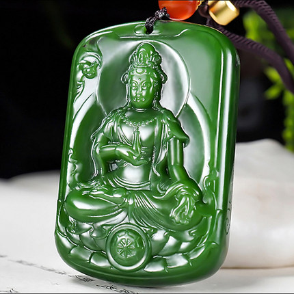 新疆大师冯立辉作品和田玉俄料阳绿7号矿红皮碧玉观音挂件57.93克