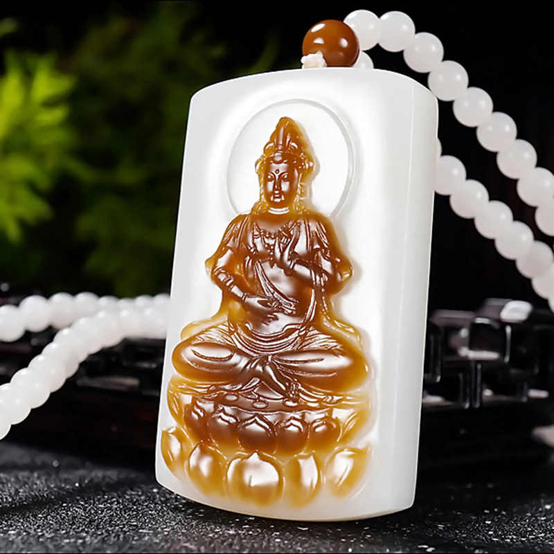 新疆大师冯立辉作品和田玉且末金山料糖羊脂白玉观音挂件84.23克