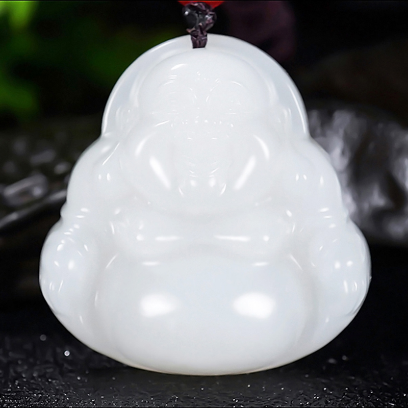 新疆大师郭磊作品和田玉过灯羊脂白玉正装笑佛挂件A直径30mm