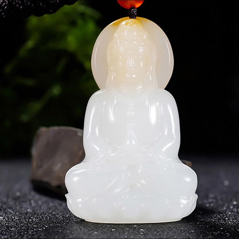 新疆冯立辉作品和田玉糖羊脂白玉且末金山料正装观音挂件47.57克