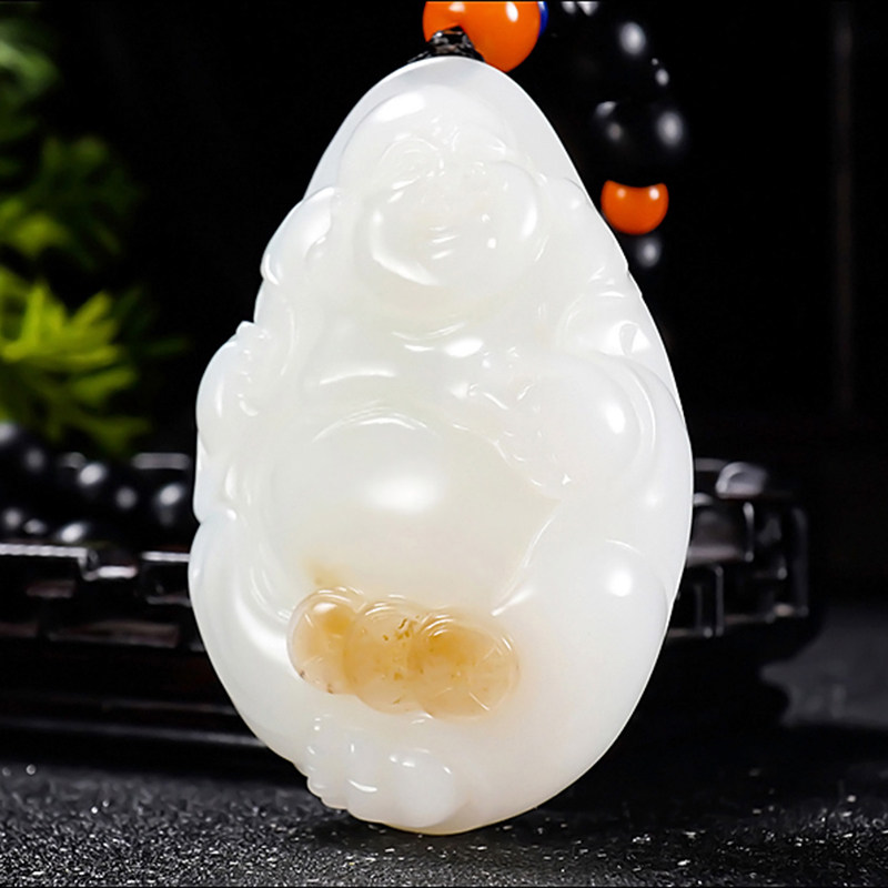 新疆大师张亚龙作品和田玉且末料糖羊脂白玉笑佛把件134.24克