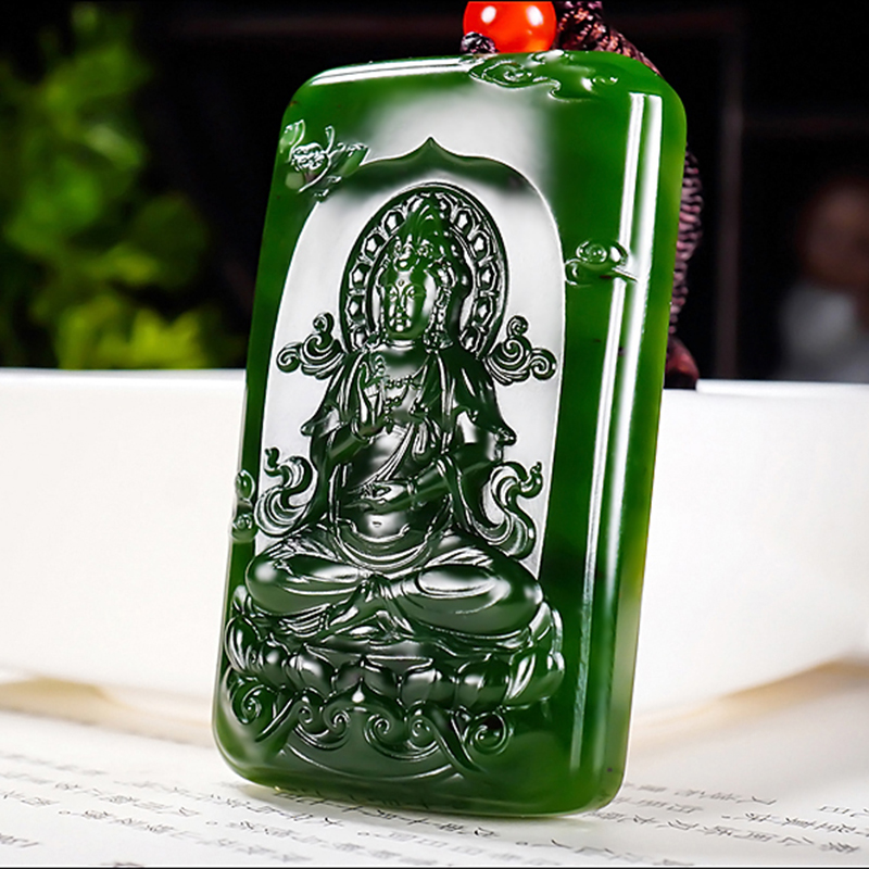 新疆张亚龙作品和田玉俄料阳绿7号矿红皮碧玉观音挂件75.20克