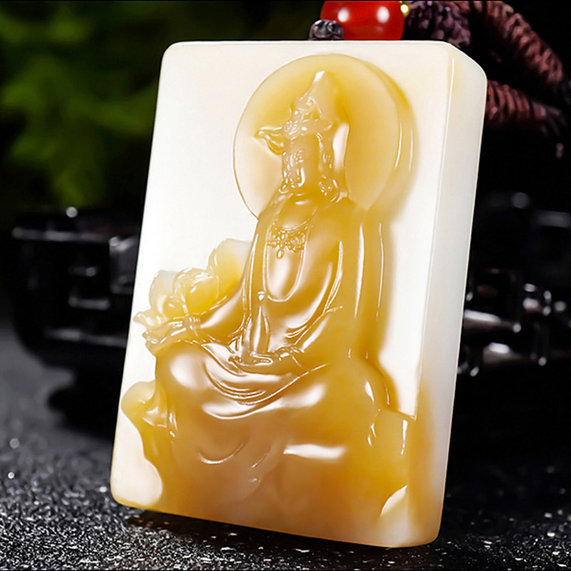 新疆大师冯立辉作品和田玉且末金山料糖羊脂白玉观音挂件53.92克