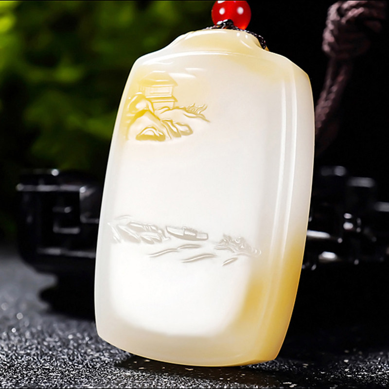 新疆郭磊作品和田玉且末金山料糖羊脂白玉山水牌挂件49.04克