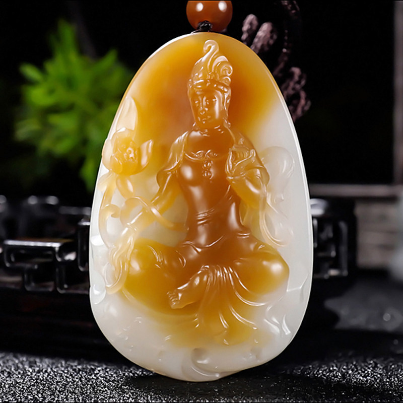 新疆大师冯立辉作品和田玉且末金山料糖羊脂白玉观音挂件49.71克