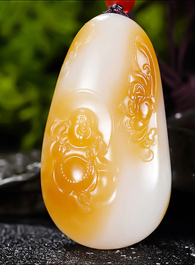 新疆大师冯立辉作品和田玉且末金山料糖羊脂白玉笑佛挂件23.94克