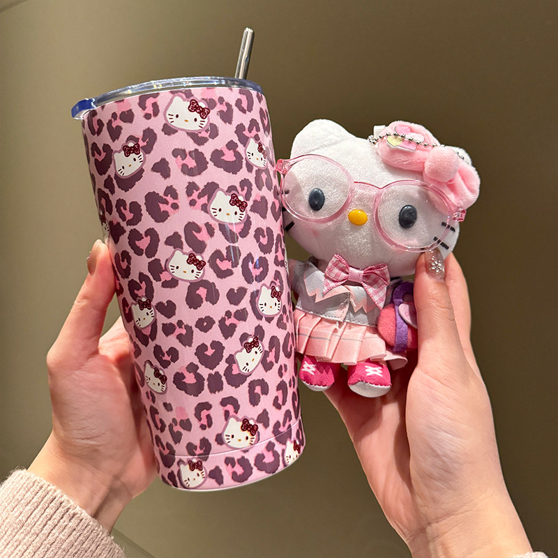 日本猫咪豹纹粉色保温杯i