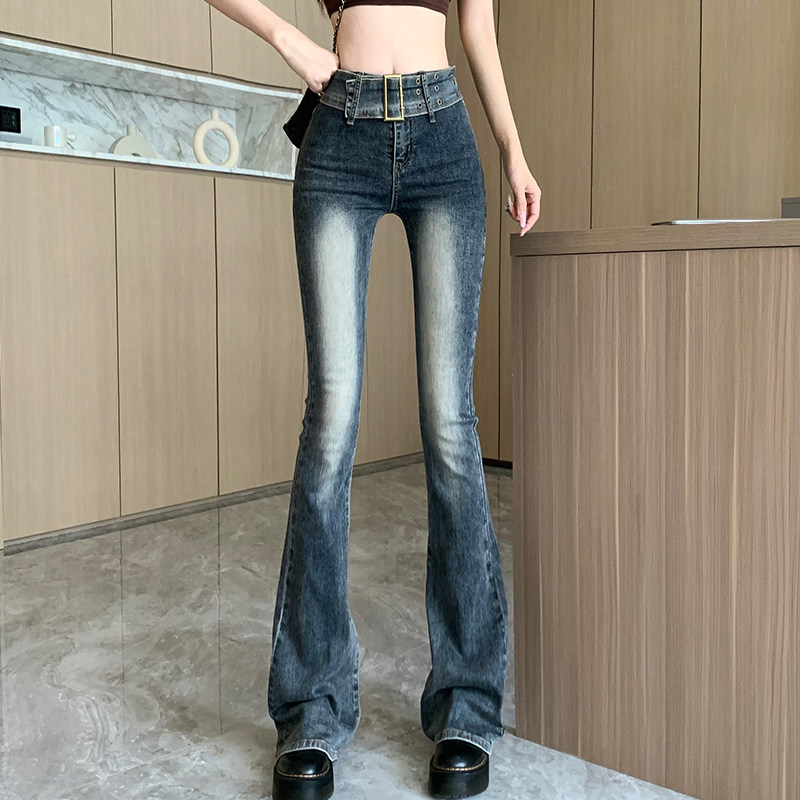 DESIGN SENSE RETRO MICRO FLARED JEANS WOMENS SPRING AND AUTUMN HIGH-WAISTED SLIM HIP LIFTING HORSESHOE PANTS MOPPING LENGTHENED PANTS