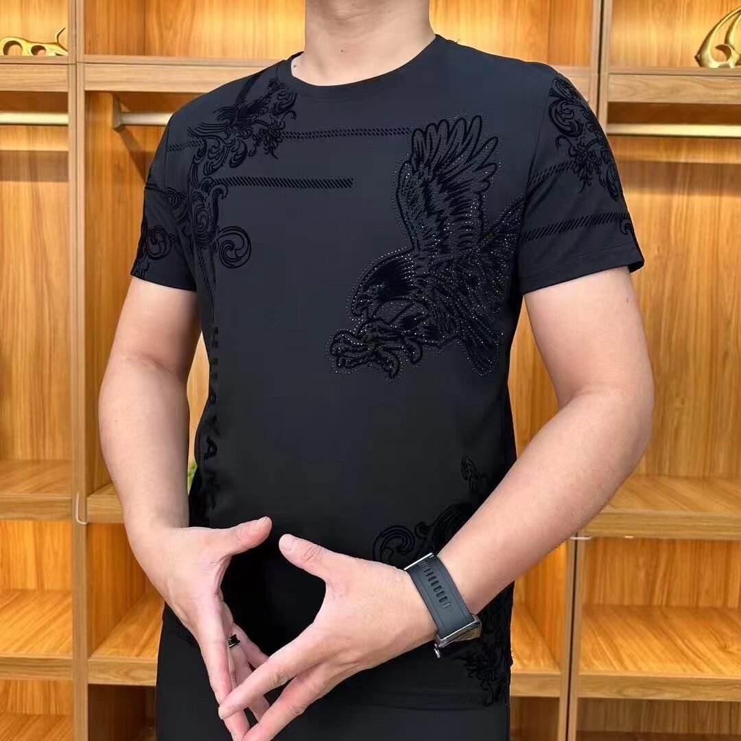2025新款中年爸爸装圆领体恤衫W植绒休闲带钻短袖黑色男士上衣T恤