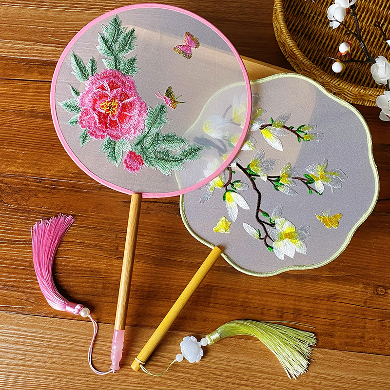 牡丹刺绣团扇半透古装宫扇古风扇子女扇汉服旗袍孔雀双面团扇舞蹈