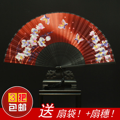 包邮送扇袋 精品真丝女扇 中国风工艺折扇 真丝扇面雕花扇骨扇子