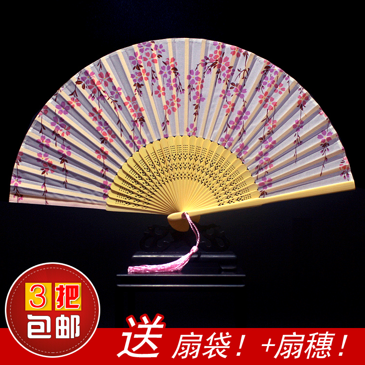送扇袋 真丝女扇子 中国风特色礼品折叠绢扇 杭州女式蝶恋花折扇
