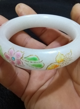 天然时尚玉石雕刻描金彩绘珐琅工艺手镯金丝玉石英岩玉精美饰品