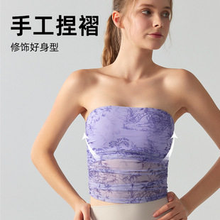 现货瑜伽服女辣妹设计感印花国风抹胸带胸垫免穿文胸运动健身背心