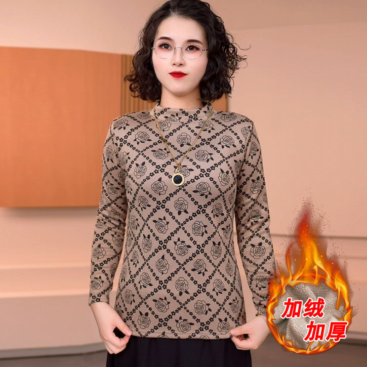2025冬季新款加绒加厚打底衫女妈妈装修身显瘦印花小衫中老年女装