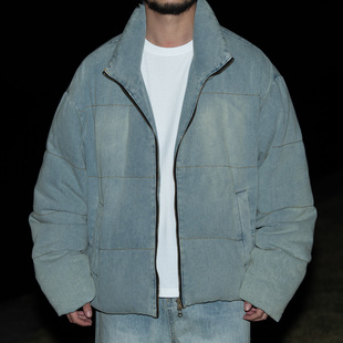 雾撞山野日系复水洗古牛仔羽绒服男白鸭绒冬季保暖加厚外套女立领