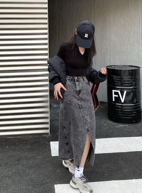 美潮秋冬新款韩范复古港风牛仔裙洗水黑色前后开衩不规则半身裙女