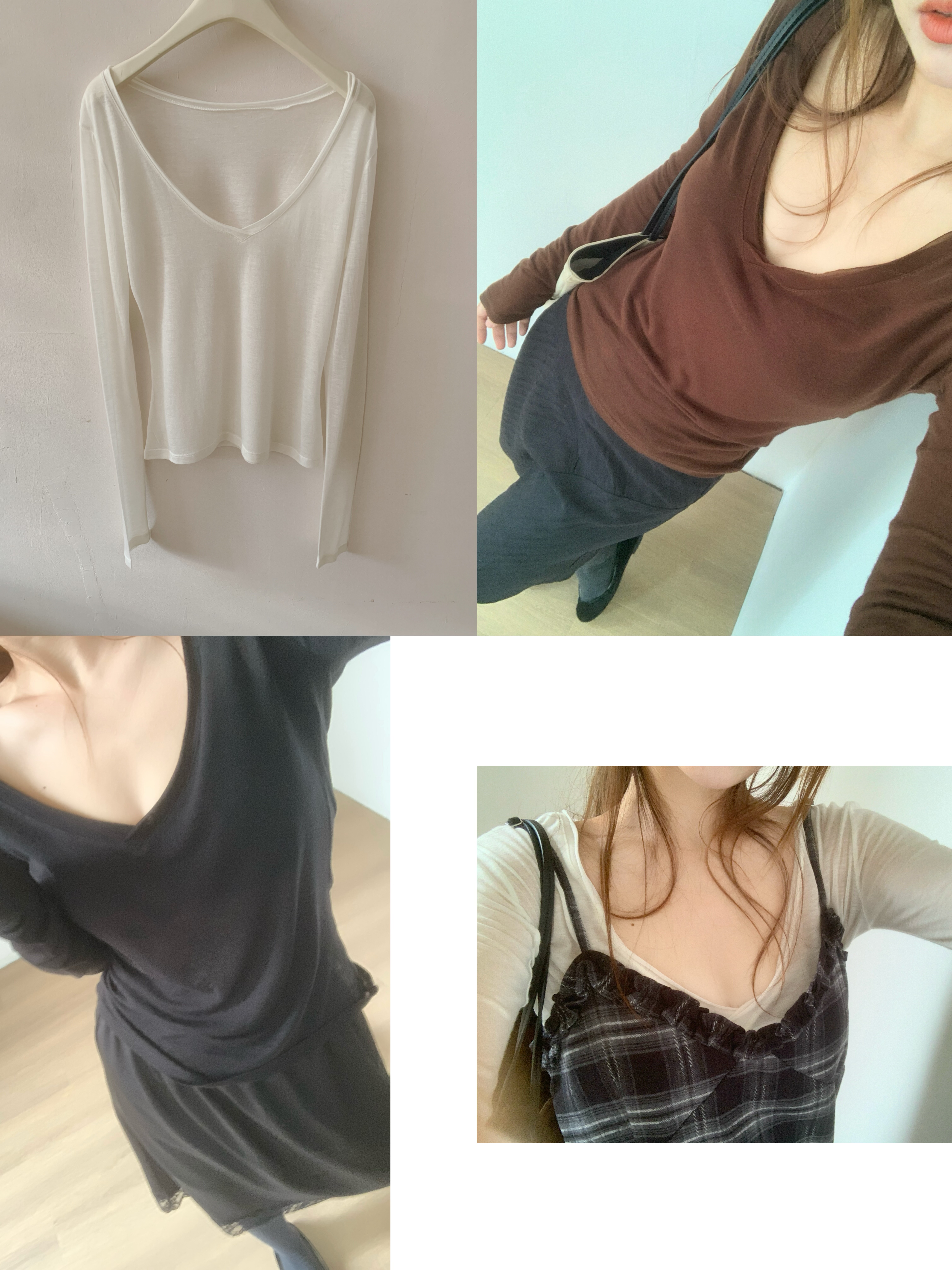 鱼没放 3色 韩国进口天丝羊毛 大领口性感纯欲打底衫v领T恤针织衫