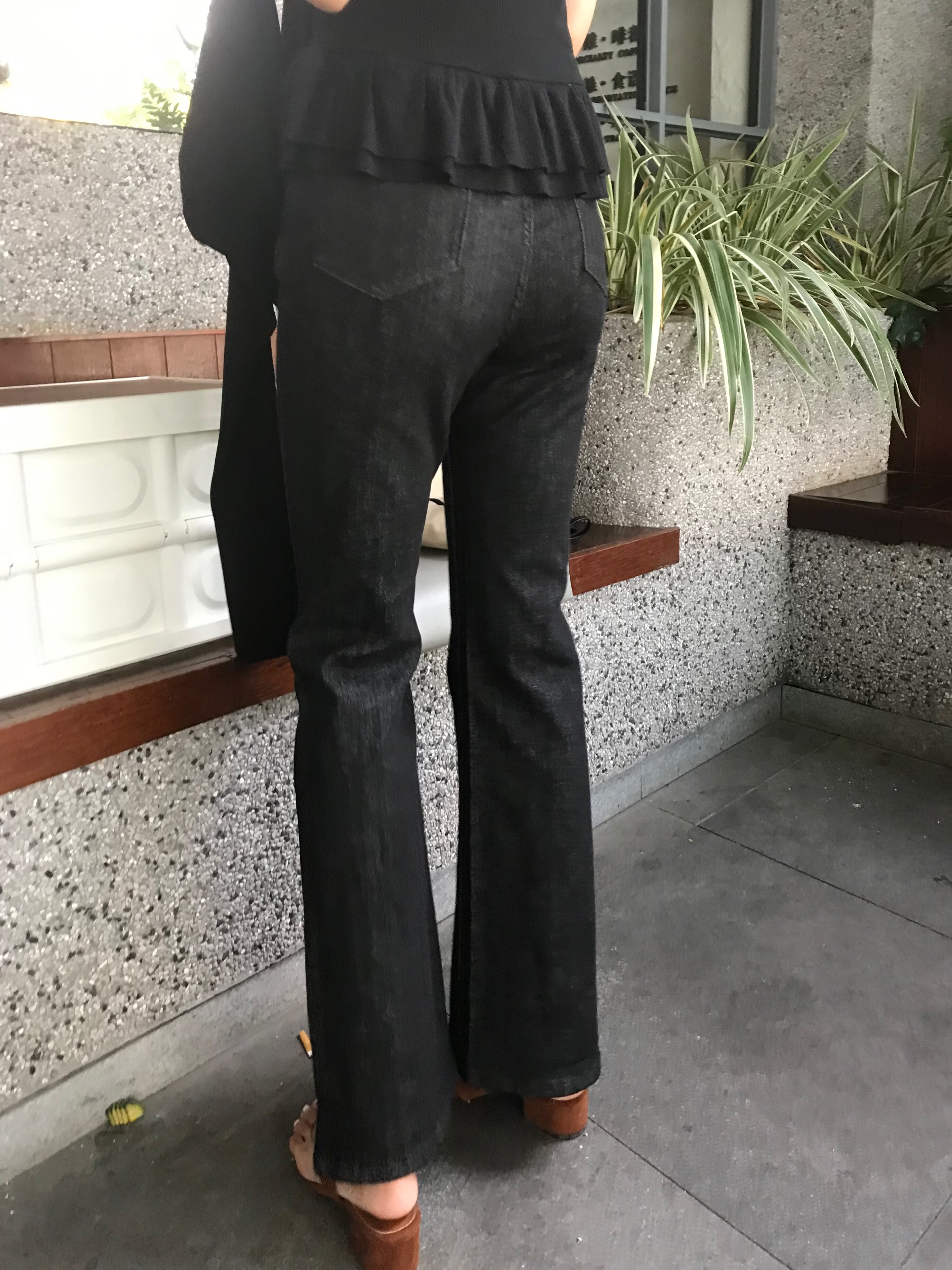 鱼没放 筷子腿丹宁洗水牛仔裤  长款弹力高腰微喇裤