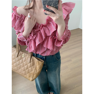 【5折 不退换】鱼没放性感大领口花边上衣格子cheb ahab