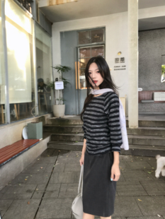 鱼没放 船领长袖T恤 蝙蝠袖条纹衫
