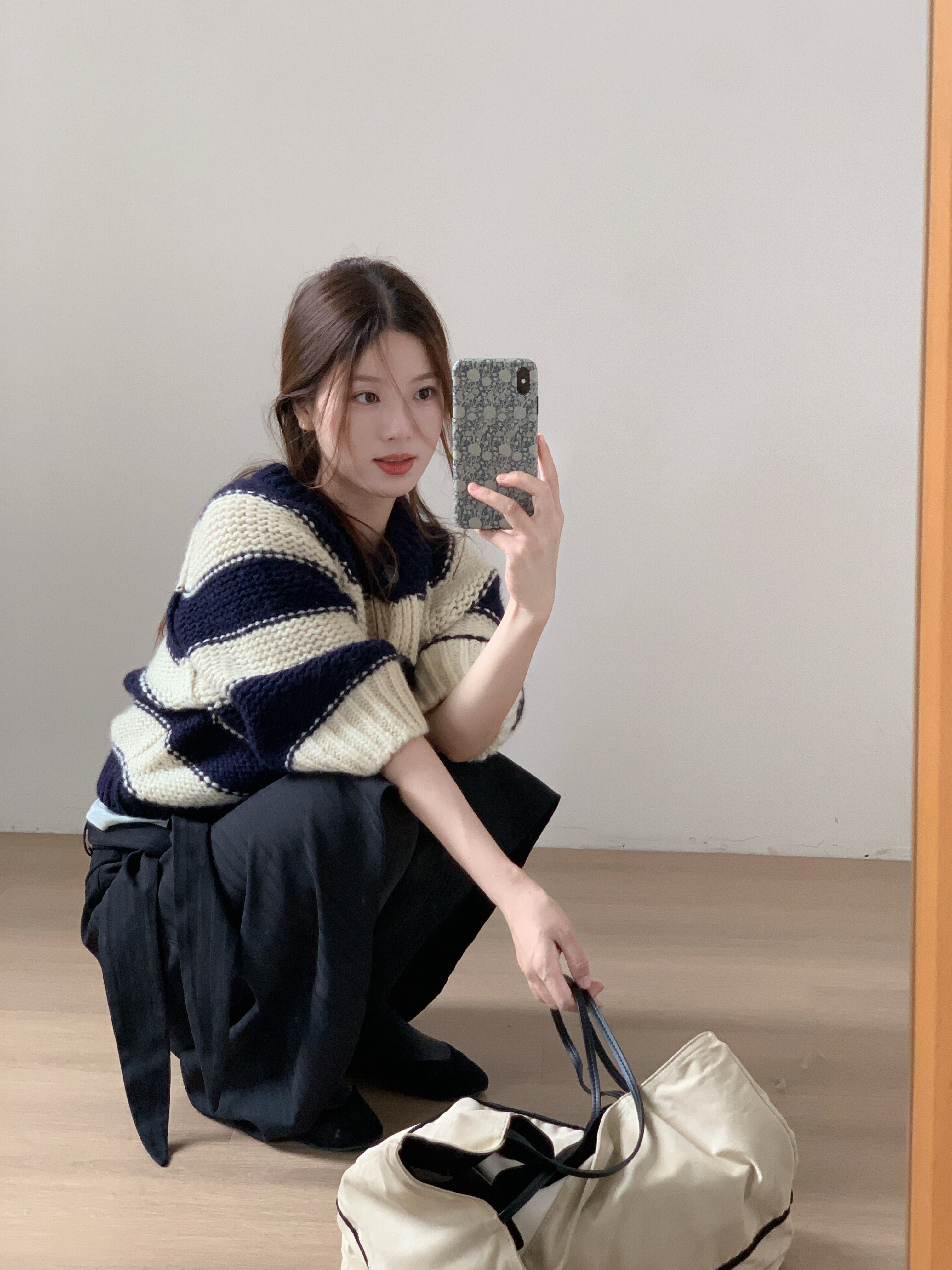 鱼没放七分袖气质条纹毛衣 超厚实粗棒针宽松短款针织衫