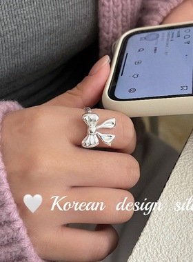 韩国小众高级感亮银饰品 S925纯银立体蝴蝶结重工戒指 开口可调节