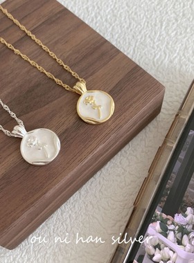 lulu尼 925纯银玫瑰之约花圆牌项链女ins风轻奢小众高级感锁骨链