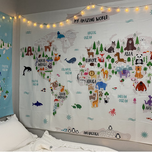 卡通动物地图挂布墙壁装 饰挂毯背景布床头房间宿舍布置遮挡免打孔