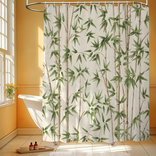 中古风春夏竹子防水厚浴帘浴室隔断帘布高档速干窗帘干湿分离挂帘