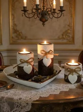 复古木制爱心蜡烛烛台托盘卧室桌面气氛感装饰摆件香薰蜡烛托台