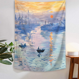 莫奈名画装饰挂布日出睡莲背景布现代风景墙壁挂毯卧室玄关画布