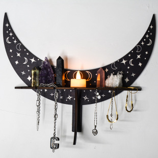 波西米亚月牙木制装 饰珠宝蜡烛香薰展示架家居月相烛台首饰置物架