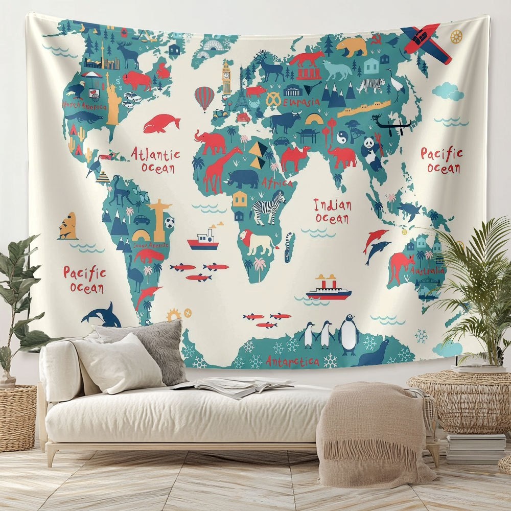 世界动物地图装饰挂毯