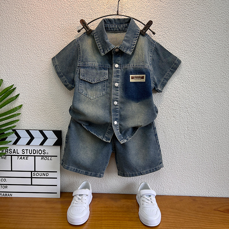 儿童牛仔套装童装男童夏季短袖韩版帅气洋气小男孩酷夏装2025新款