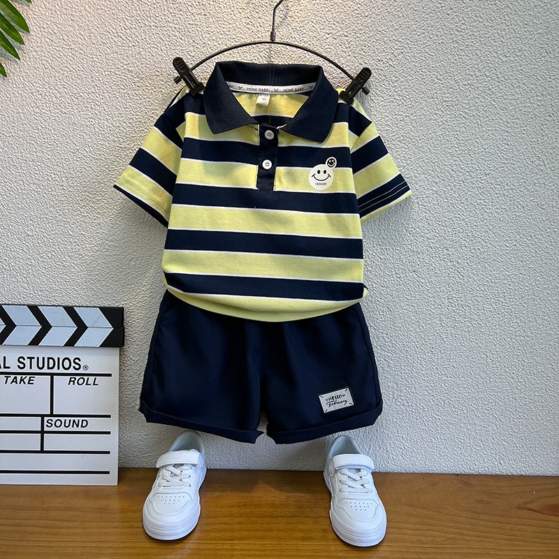 男童夏季polo衫套装2025新款儿童衣服小男孩夏装帅气条纹短袖t恤
