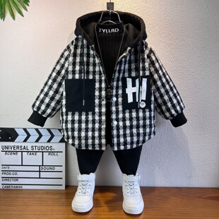 男童冬装外套加绒加厚儿童装痞帅千鸟格夹棉棒球服洋气宝宝上衣潮