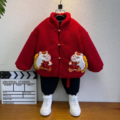 拜年服男童冬装2026马年新中式年服周岁男宝礼服国风唐装毛毛衣