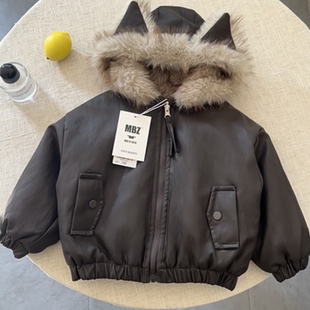 男童加绒皮衣冬装儿童皮草两面穿外套洋气宝宝连帽皮棉袄2025新款