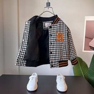 男童外套春秋2025新款千鸟格时髦帅气儿童拉链棒球服秋装衣服男孩